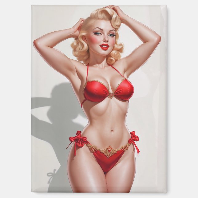 Blonde Pin-Up Red Underwear  Magnet (Front)
