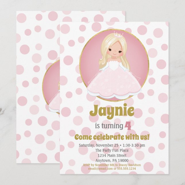 Blonde Pink Princess Girls Birthday Invitation (Front/Back)