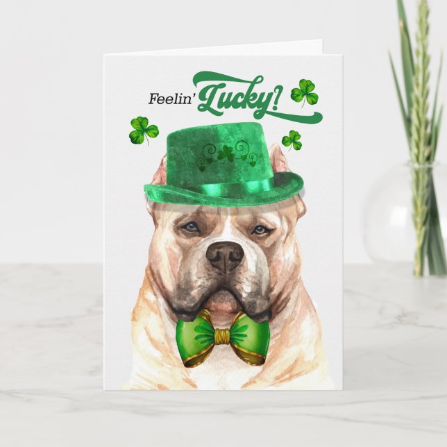 Blonde Pitbull Dog Feelin' Lucky St Patrick's Day Holiday Card (Front)
