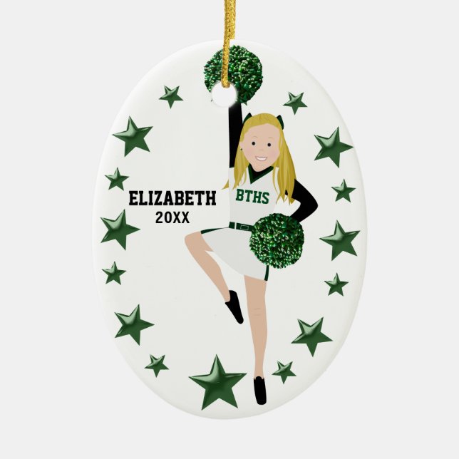 Blonde Pom Squad Green and White Ceramic Tree Decoration (Front)