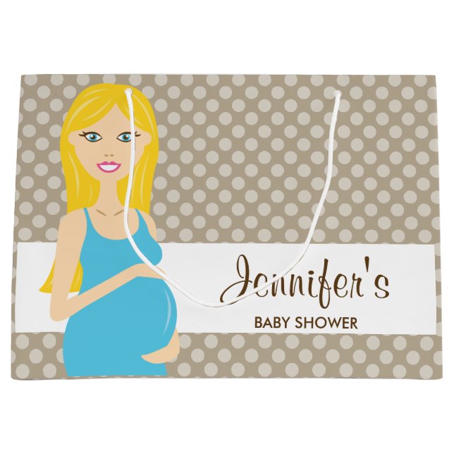 Blonde Pregnant Woman In Blue Dress Baby Shower Large Gift Bag (Front)