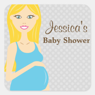 Blonde Pregnant Woman In Blue Dress Baby Shower Square Sticker