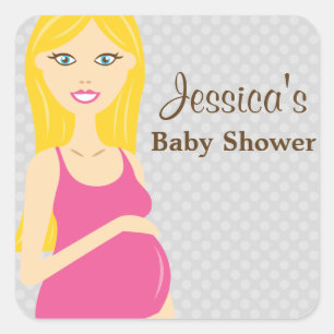 Blonde Pregnant Woman In Pink Dress Baby Shower Square Sticker