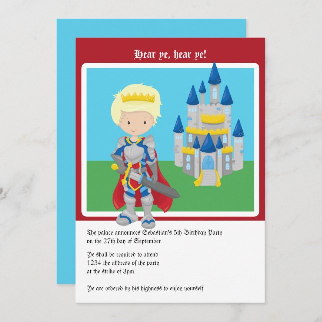Blonde Prince And Castle Birthday Party Cute Invitation (Front/Back)
