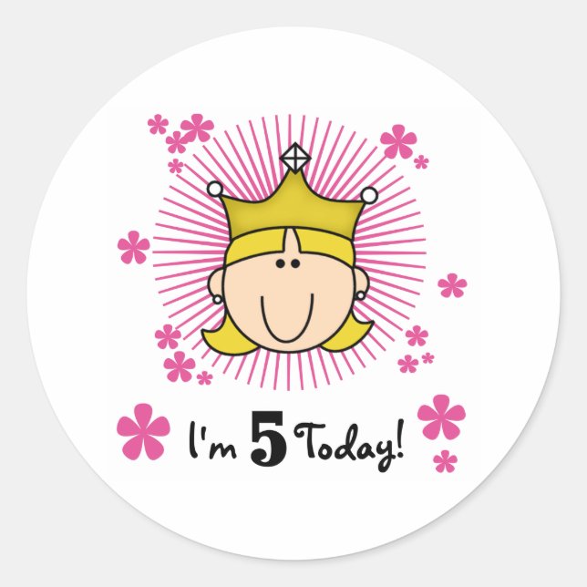 Blonde Princess 5th Birthday Classic Round Sticker (Front)