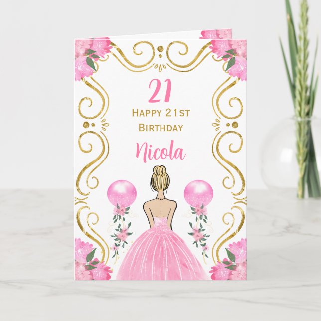 Blonde Princess Pink Happy Birthday Card (Front)
