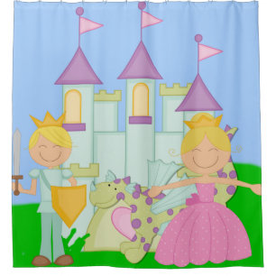 Blonde Princess, Prince, Dragon, Castle Fairytale Shower Curtain