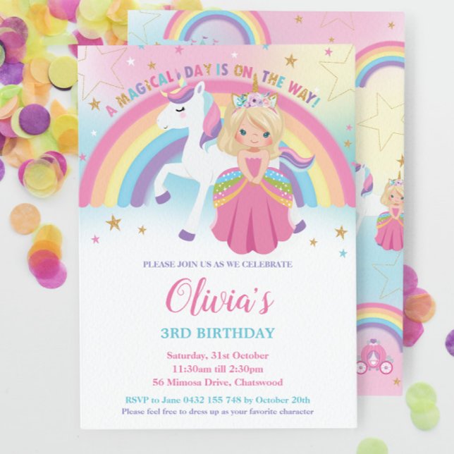 Blonde Princess Unicorn Birthday Pink Rainbow     Invitation (Creator Uploaded)