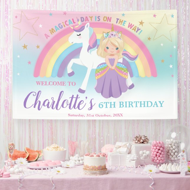 Blonde Princess Unicorn Birthday Rainbow Welcome Banner (Party)
