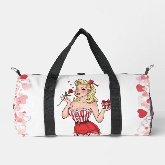 Blonde Retro Valentine Pin-Up Girl Duffle Bag (Front)