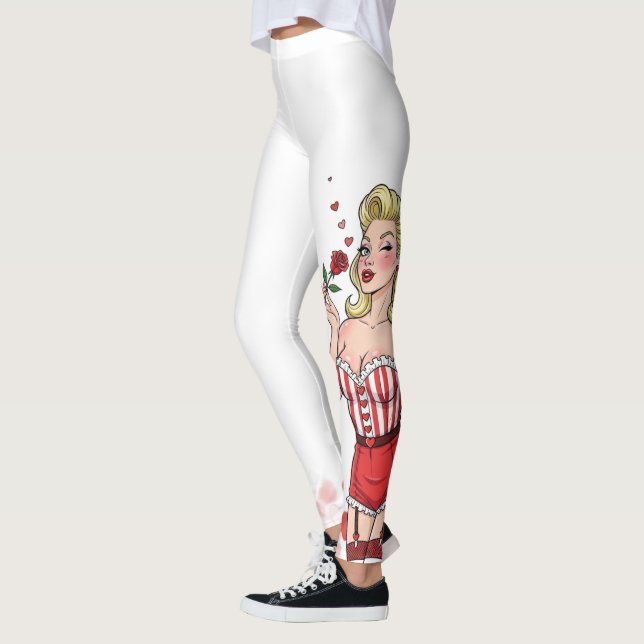 Blonde Retro Valentine Pin-Up Girl Leggings (Left)