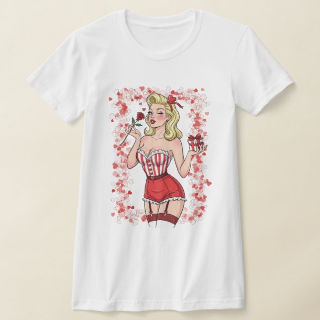 Blonde Retro Valentine Pin-Up Girl T-Shirt (Laydown)