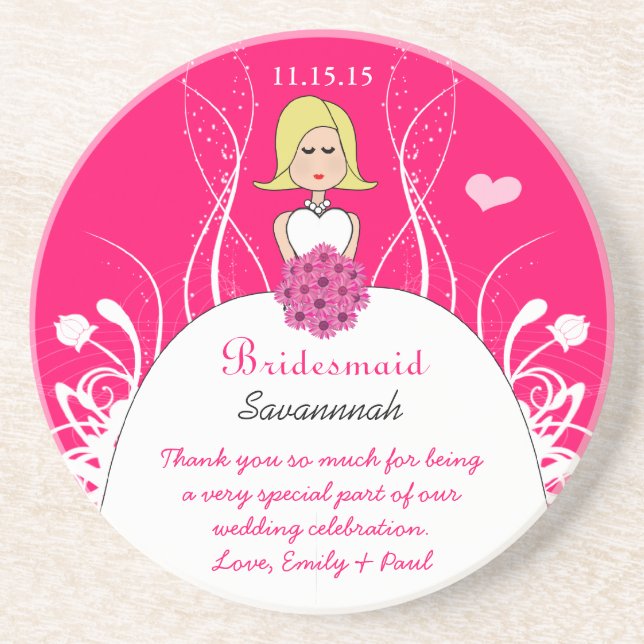 Blonde Side Part Bridesmaid Wedding Gown Coaster (Front)
