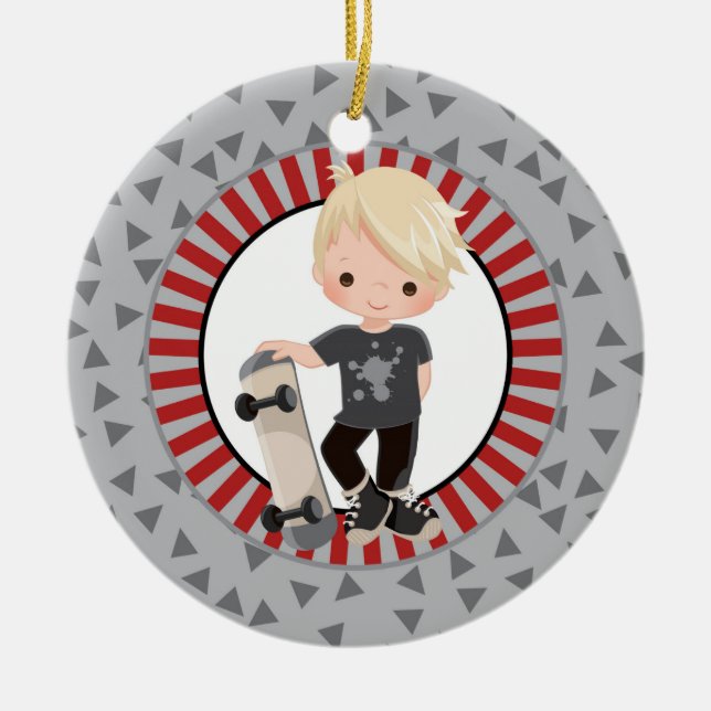 Blonde Skateboard Boy - Grey Red Ceramic Tree Decoration (Front)