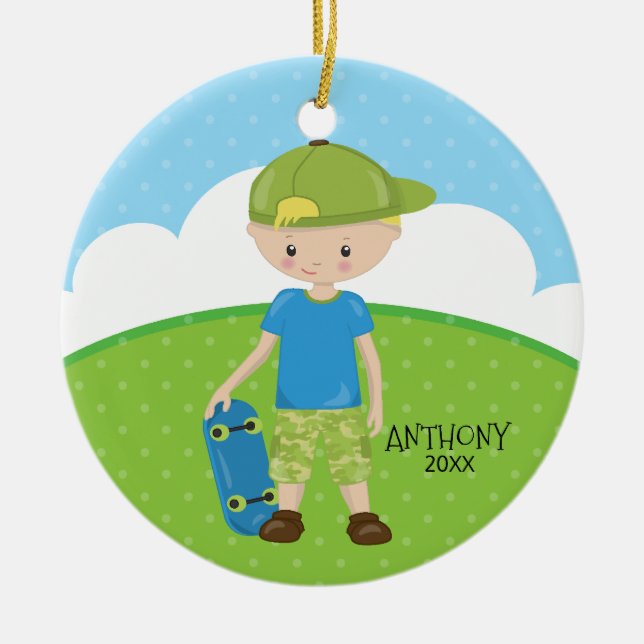 Blonde Skateboard Boy Personalised Christmas Ceramic Tree Decoration (Front)
