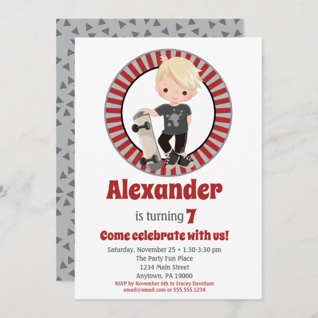 Blonde Skateboard Boys Birthday Invitation (Front/Back)