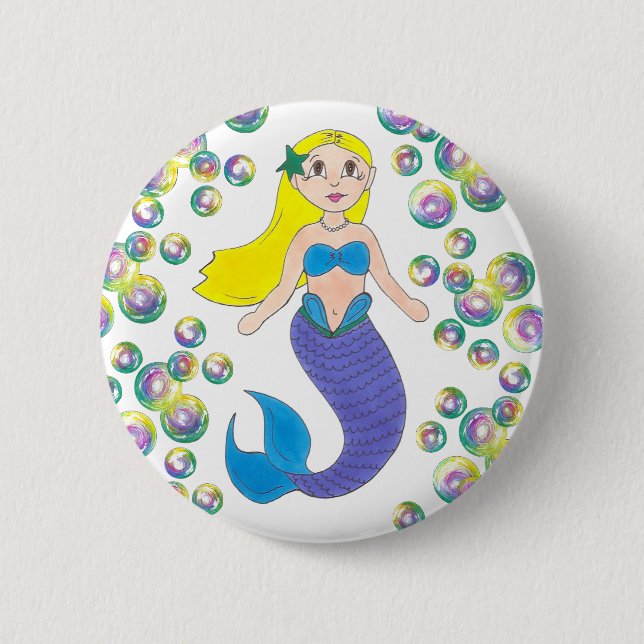 Blonde Swimming Mermaid Girl Bubbles Ocean Sea 6 Cm Round Badge (Front)