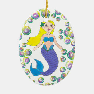 Blonde Swimming Mermaid Girl Bubbles Ocean Sea Ceramic Tree Decoration