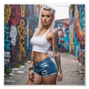 Blonde Tattoo Punk Girl in Graffiti Alley Photo Print
