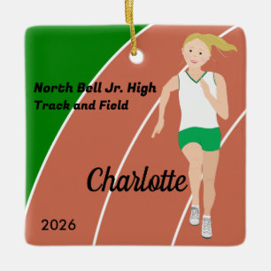Blonde Track and Field Girl in Green and White Ceramic Ornament