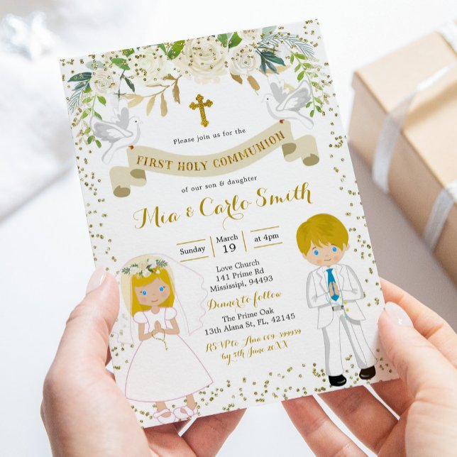 Blonde Twin Boy and Girl First Holy Communion Invitation (Creator Uploaded)