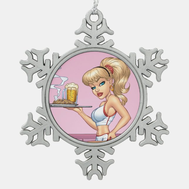 Blonde Waitress Serving Plate Of Food and Beer Snowflake Pewter Christmas Ornament (Front)