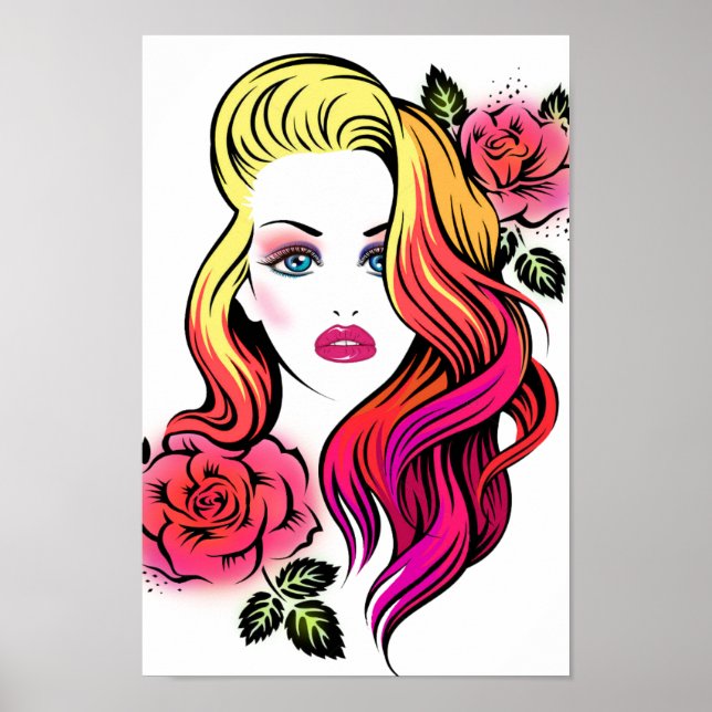 Blonde woman blue eyes with roses and rainbow hair poster (Front)