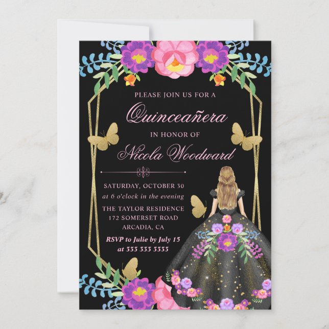 Blonde Woman Mexican Floral Dress Quinceañera Invitation (Front)