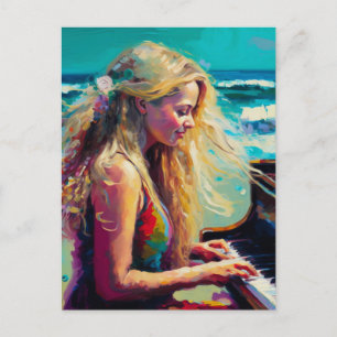 Blonde woman playing piano at the beach postcard