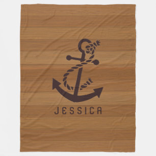 Blonde Wood Planks Brown Nautical Anchor Fleece Blanket