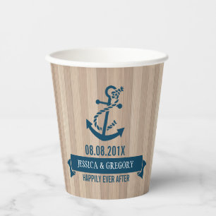 Blonde Wood Texture Navy-Blue Nautical Boat Anchor Paper Cups