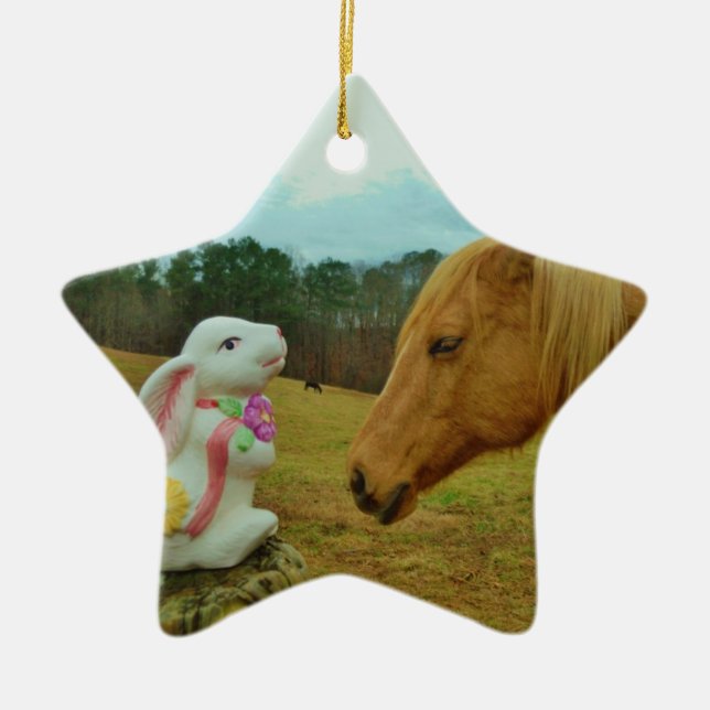 Blonde Yellow horse & Easter Bunny Ceramic Tree Decoration (Front)