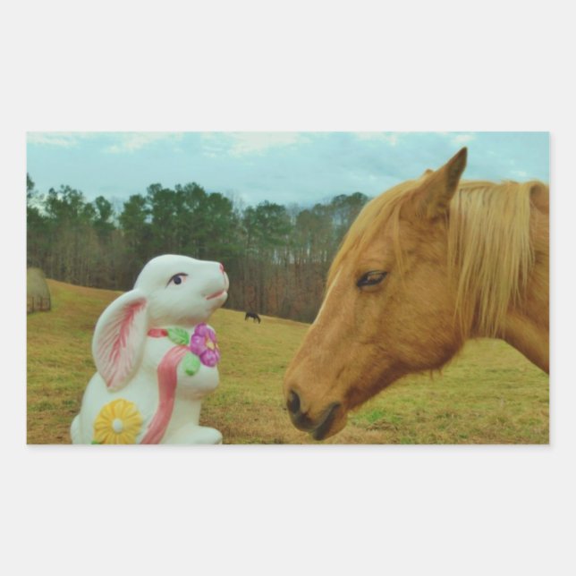 Blonde Yellow horse & Easter Bunny Rectangular Sticker (Front)