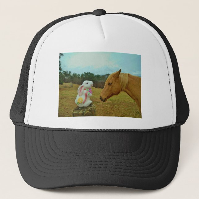 Blonde Yellow horse & Easter Bunny Trucker Hat (Front)