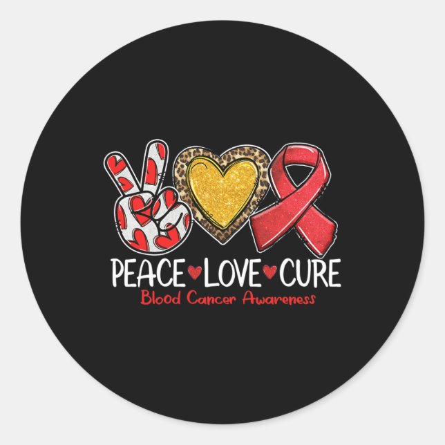Blood Cancer Awareness Peace Love Cure Red Ribbon  Classic Round Sticker (Front)