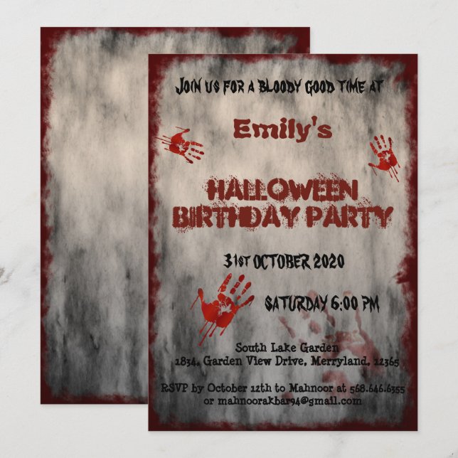 Blood Hands Vintage Halloween Birthday Invitation (Front/Back)