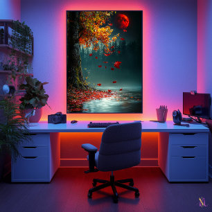 Blood Moon Over Autumn Lake - Mystical Fall Poster