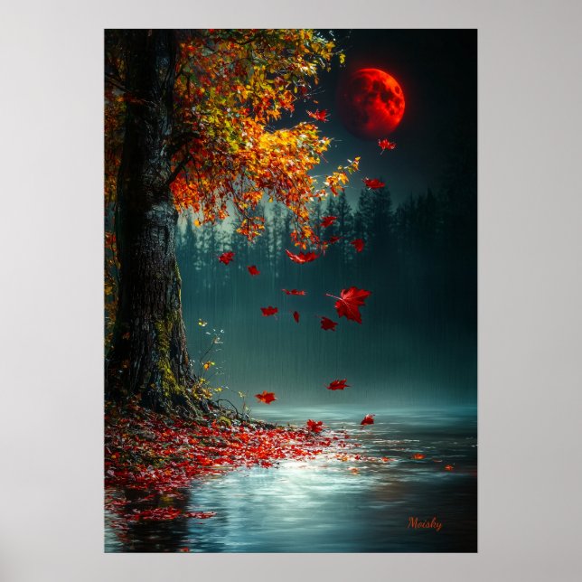 Blood Moon Over Autumn Lake - Mystical Fall Poster (Front)