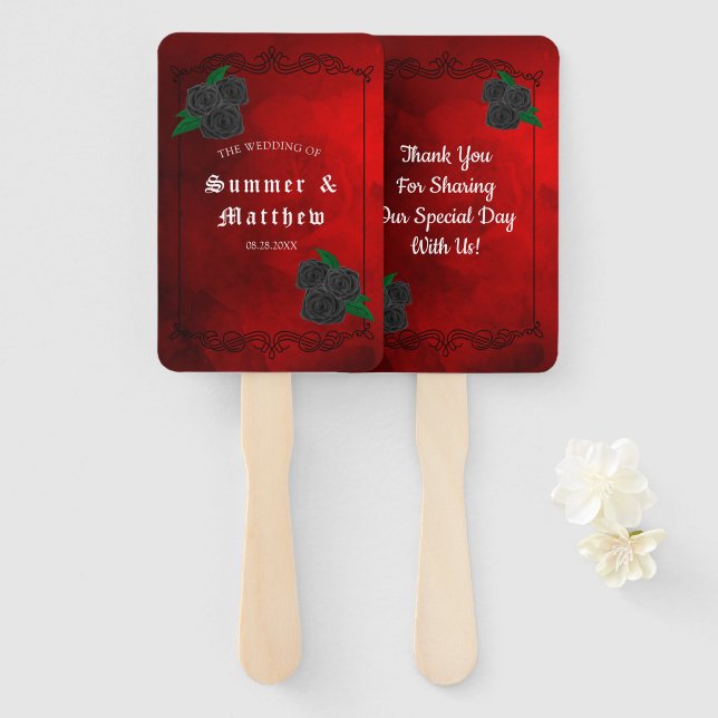 Blood Red and Black Roses Wedding Thank You Hand Fan (Front and Back)