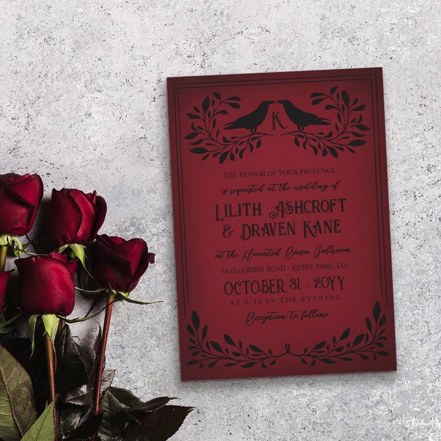 Blood Red Black Raven Monogram Goth Wedding Invitation (Creator Uploaded)
