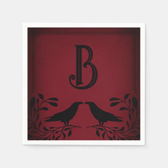 Blood Red Black Raven Monogram Goth Wedding Napkin (Front)