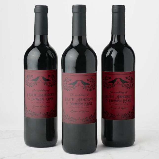 Blood Red Black Raven Monogram Goth Wedding Wine Label (Bottles)