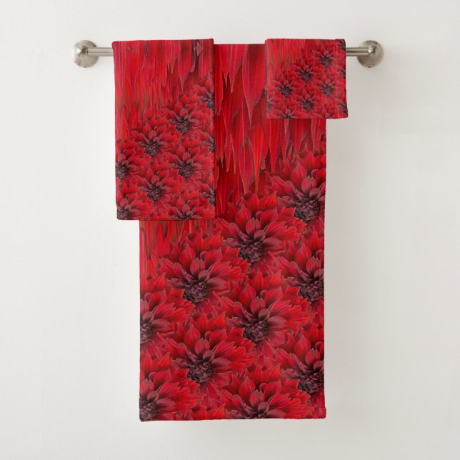 Blood red dahlias in gothic style bath towel set (Insitu)