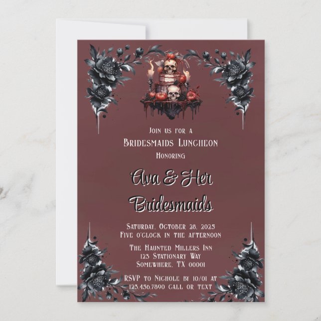 Blood Red Gothic Black Floral Bridesmaids Luncheon Invitation (Front)