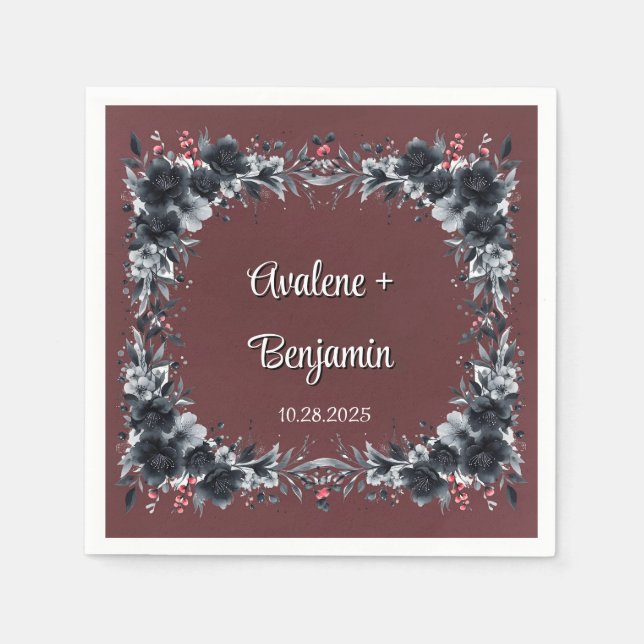 Blood Red Gothic Black Floral Wedding Napkin (Front)