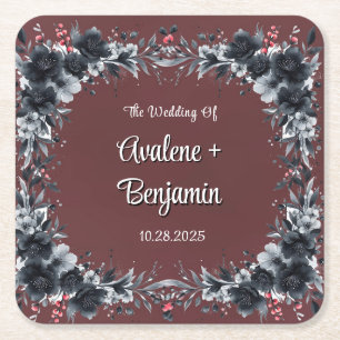 Blood Red Gothic Black Floral Wedding Square Paper Coaster