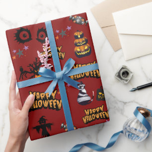 blood red Scary Halloween Eyes Pumpkin Cat Wrapping Paper