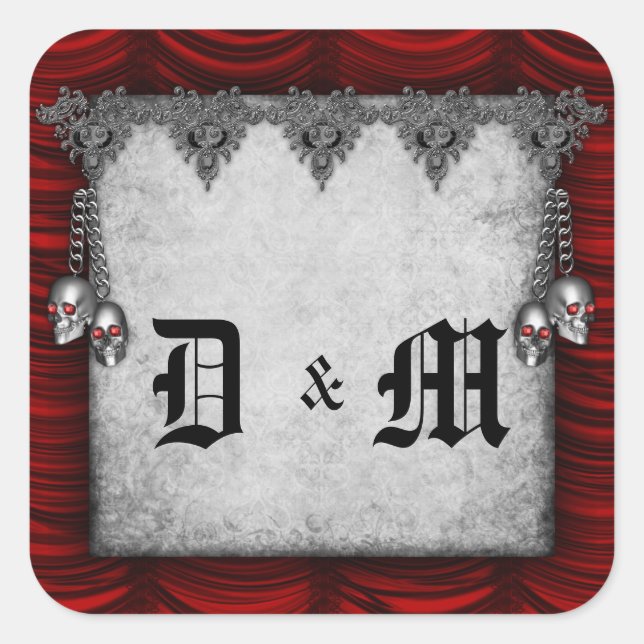 Blood Red Silk and Skulls Gothic Wedding Square Sticker (Front)
