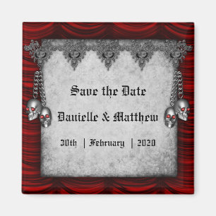 Blood Red Silk Silver Skulls Gothic Save the Date Magnet