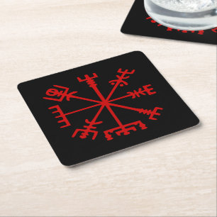 Blood Red Vegvísir (Viking Compass) Square Paper Coaster